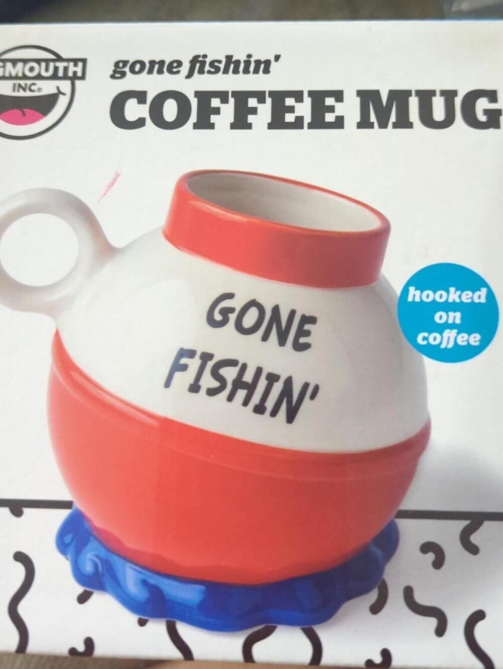 NIB Big Mouth Gone Fishin' Fishing Angler Bobber Coffee Tea 20 oz Mug Gag Gift